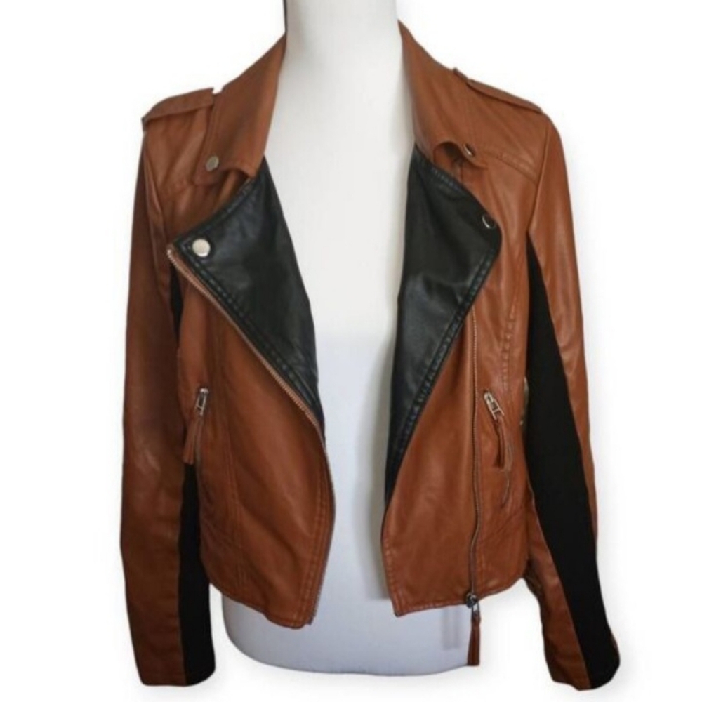 NEW LOOK COGNAC & BLACK MOTO JACKET SZ.L EUC. - Picture 6 of 9